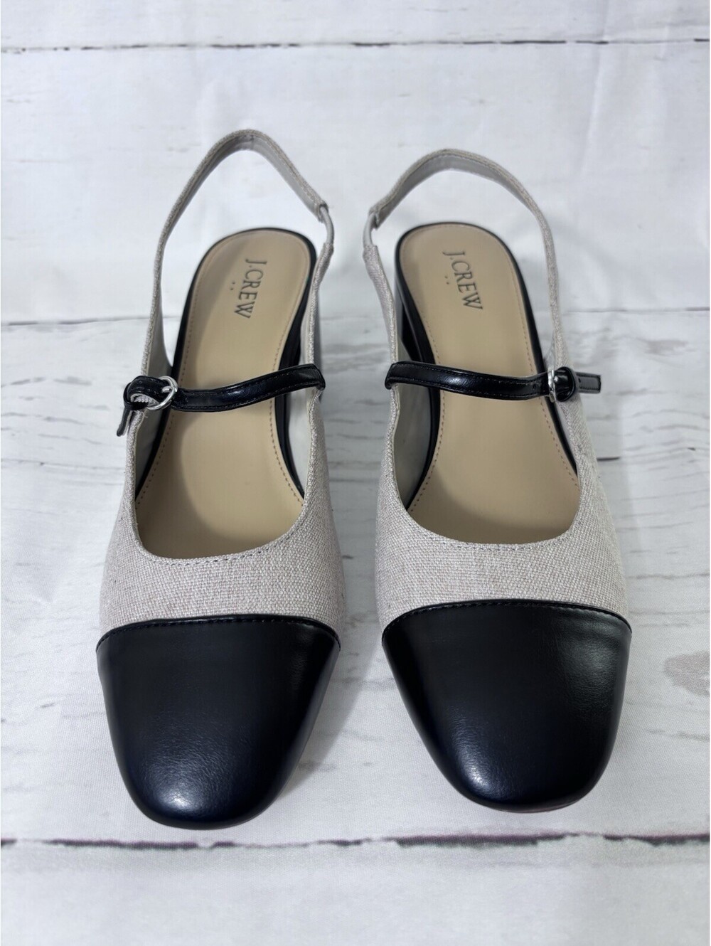 J. Crew Mary Jane Slingback Heels Cap Toe Block Heel Tweed Black Tan Sz 11